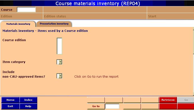 Materials inventory screen (REP04) - main tab